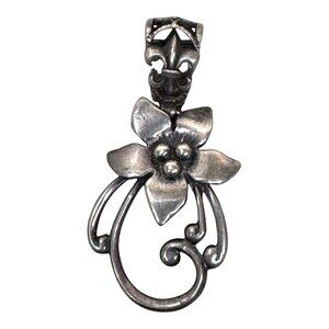 Sterling Silver Floral Pendant Vintage Signed Art Deco Nouveau Fleur De Lis 1.5"